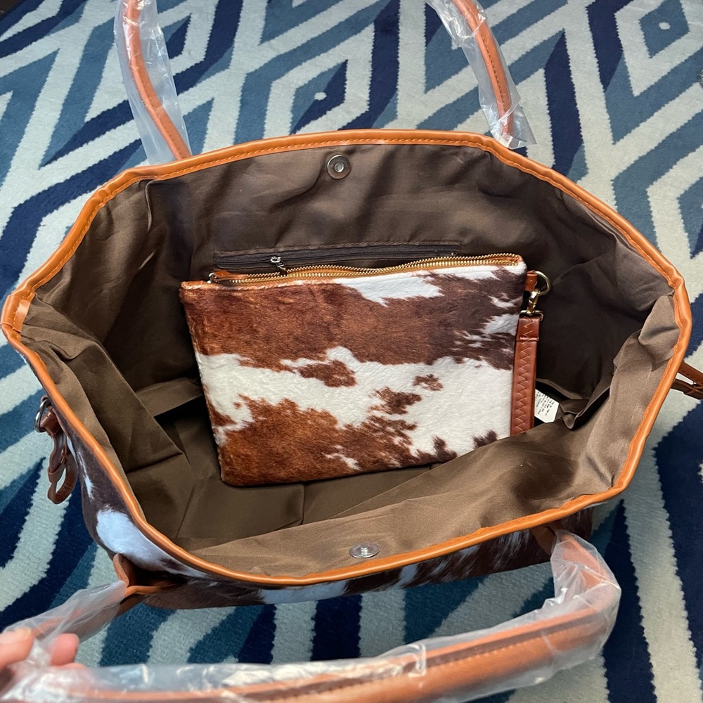 Cow print tote with matching wristlet